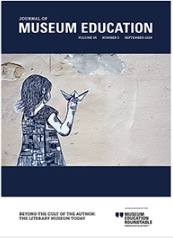 image of journal of museum education cover for issue 45.3. The cover background is blue. a photo of a painted mural of a young girl holding an origami boat is the featured image.