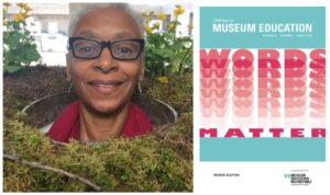 On the left, Toni Wynn has taken a whimsical photo at the Chicago Botanic Garden. She has become a part of the art and her head appears to be sprouting out of greenery. To the right is the cover of JME 48.1 Words Matter.