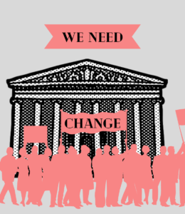 A large group of people stand outside of a museum that has multiple columns and a decorated pediment. Above the museum are the words, "We Need," and below it is the word, "Change".