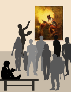 The cover of the Journal of Museum Education, Volume 50, Issue 1, titled, "Civic Wellness." The cover image is a graphic depicting a small crowd of various body types in silhouette, listening to an educator in silhouette, who is gesturing toward a reproduction of Henry Louis Stephens' untitled watercolor of an older Black man with white hair, wearing red, white, and blue clothes, reading a newspaper with the headline, "Presidential Proclamation/Slavery". In the foreground is the silhouette of a young boy sitting on a bench, reading a book.