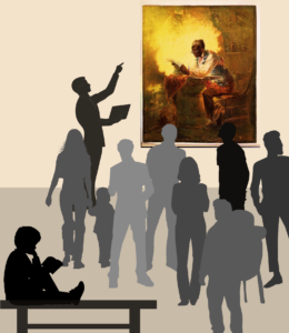 The cover of the Journal of Museum Education, Volume 50, Issue 1, titled, "Civic Wellness." The cover image is a graphic depicting a small crowd of various body types in silhouette, listening to an educator in silhouette, who is gesturing toward a reproduction of Henry Louis Stephens' untitled watercolor of an older Black man with white hair, wearing red, white, and blue clothes, reading a newspaper with the headline, "Presidential Proclamation/Slavery". In the foreground is the silhouette of a young boy sitting on a bench, reading a book.