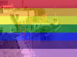 An aerial photograph of the Wisconsin Maritime Museum with a transparent rainbow filter transposed over it.