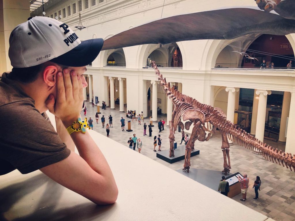 Daniel holds his face in his hands, looking out over the Field Museum’s balcony on the dinosaurs on display and people below. 