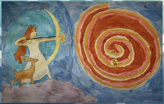 This is a screenshot of a participant's video explanation of their watercolor painting inspired by their name, Celeste. The screenshot has a light skinned female figure with long hair, on the left half of the paper, facing to the right of the paper holding up a bow and arrow, wearing a white long dress. In front of her is a small deer. They are both standing on a rock formation as the archer shoots their arrow into a swirl of reds, yellows, oranges, and gold sparks. The background is a mixture between blues and purples. 