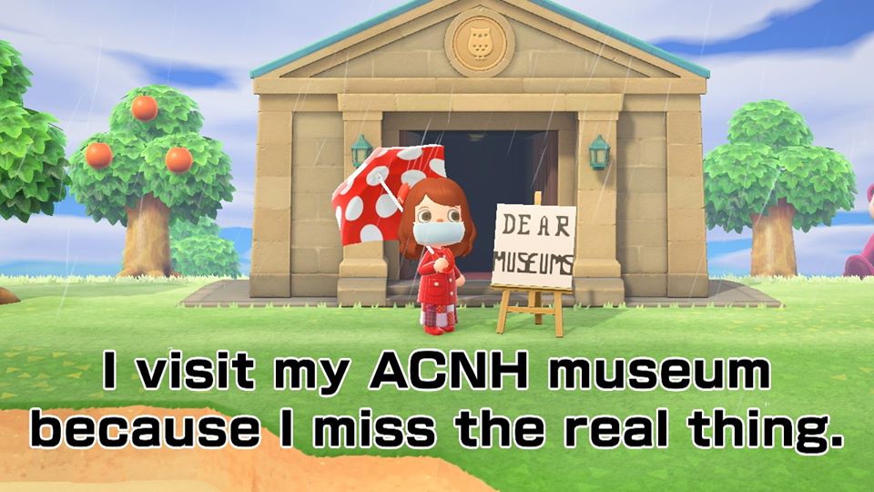 Alt Text: An animation of the video game Animal Crossing shows a female figure wearing a face mask and umbrella while standing in the rain. She stands in front of a neoclassical building with an eagle emblem and doors open. A poster on an easel in front of the building reads “Dear Museums.” It is raining, and the environment also shows grass and trees. 