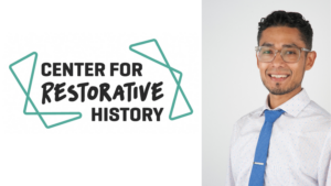 The logo for the Center for Restorative History and a portrait of Orlando Serrano, a man wearing a white shirt and blue tie with glasses.
