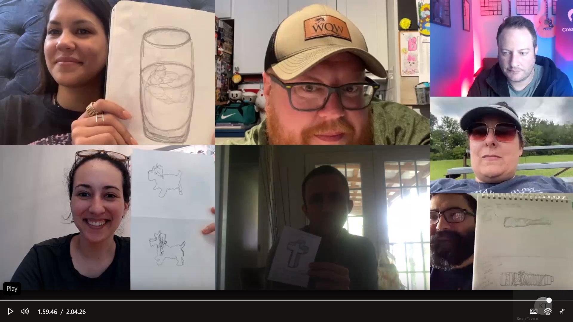 A screenshot of a virtual DMA/Creativets program, featuring a grid of participants and instructors, some of whom are holding sketches made during the class.