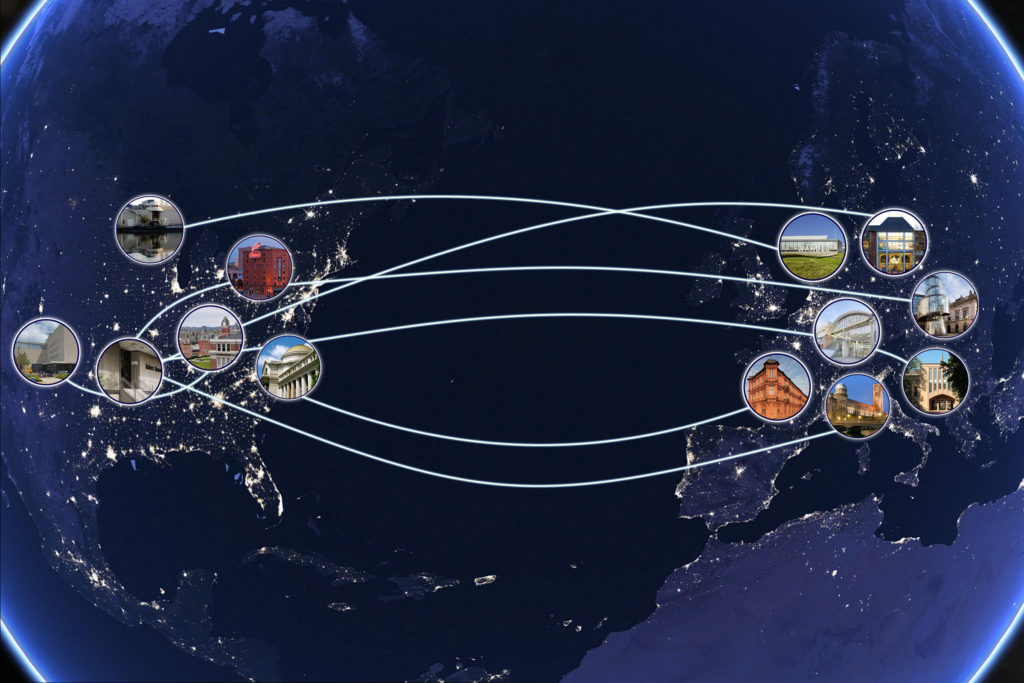 A graphic depicting a map of the United States and Europe based on a photo of Earth from space at night. There are small pictures of museums over the U.S. and Germany, with curved lines connecting the museums.