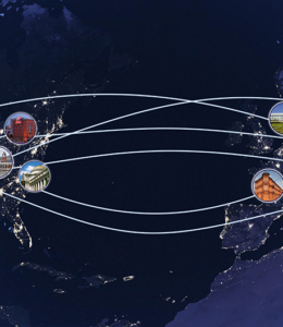 A graphic depicting a map of the United States and Europe based on a photo of Earth from space at night. There are small pictures of museums over the U.S. and Germany, with curved lines connecting the museums.