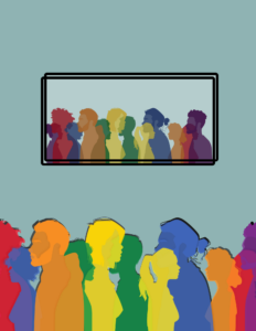 The cover image for the Journal of Museum Education, Volume 49, Issue 1. The cover image features the same graphic in two settings: in the foreground, silhouettes of people of many body types and many colors appear to walk across the frame of the image. In the background, the same silhouettes in more muted colors appear to be an image framed on the wall.