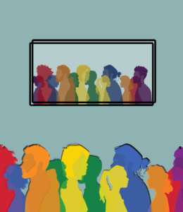 The cover image for the Journal of Museum Education, Volume 49, Issue 1. The cover image features the same graphic in two settings: in the foreground, silhouettes of people of many body types and many colors appear to walk across the frame of the image. In the background, the same silhouettes in more muted colors appear to be an image framed on the wall.