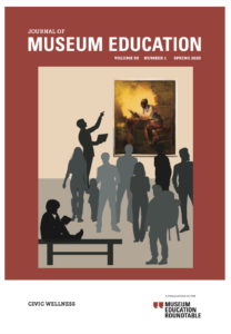The cover of the Journal of Museum Education, Volume 50, Issue 1, titled, "Civic Wellness." The cover image is a graphic depicting a small crowd of various body types in silhouette, listening to an educator in silhouette, who is gesturing toward a reproduction of Henry Louis Stephens' untitled watercolor of an older Black man with white hair, wearing red, white, and blue clothes, reading a newspaper with the headline, "Presidential Proclamation/Slavery". In the foreground is the silhouette of a young boy sitting on a bench, reading a book.
