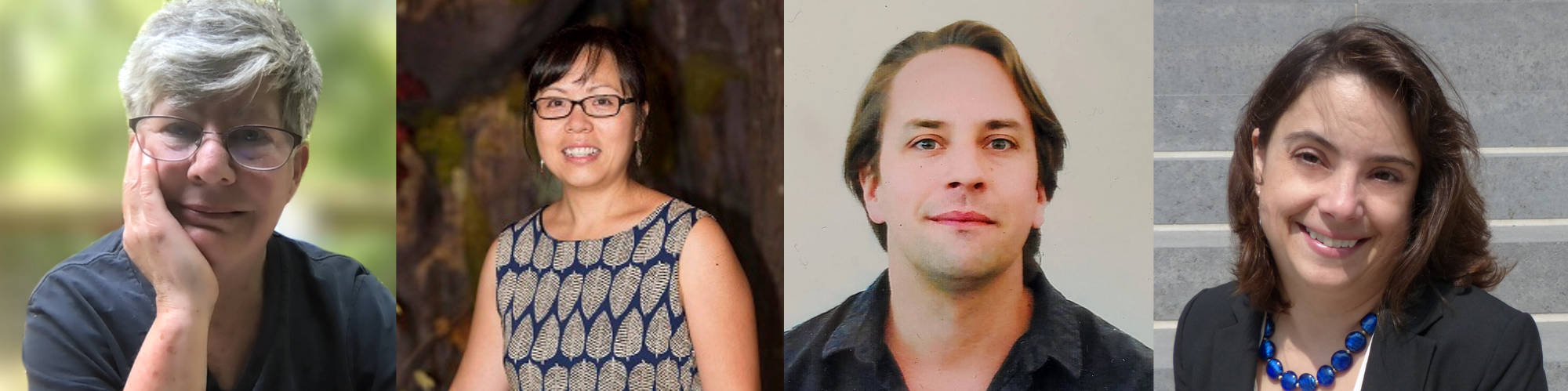 Portraits of four panelists, described in order from left to right: Cynthia is an white woman with white hair, wearing glasses, resting her face in her hand and looking at the camera; Wendy is an Asian woman smiling wearing glasses and looking at the camera; David is a white man with long hair with a neutral expression; Brooke is a white woman with long brown hair smiling and looking at the camera.