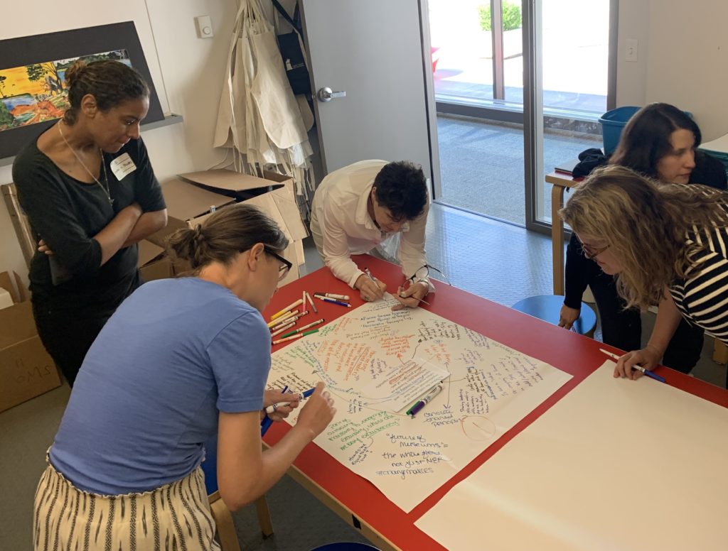 Five people lean over a table with a sheet of chart paper on it that has been marked up with notes in various colors of marker. Some are reading what's been written on the sheet while others add to it. 