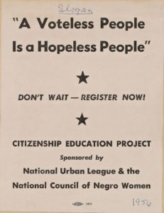 This scrapbook page has black, printed writing on it that reads “A Voteless People is a Hopeless People / Don’t wait - Register Now! / Citizenship Education Project / Sponsored by / National Urban League & National Council of Negro Women.” There are two small, black stars on the page that break up the text. At the very top is a word, written in blue pen, that says “slogan.” In the bottom right corner, “1956” is written in blue pen.