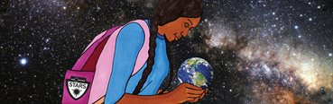 A stylized cartoon drawing of a young black woman with long braids and wearing a backpack, holding a realistic Earth in her hands, against the background of outer space