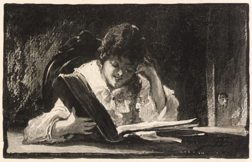 Black-and-white print of a wood engraving featuring a young person with long hair, who is looking down at an open book. The background is shadowy and ambiguous, but a door is identifiable on the right and the back of the chair can be identified behind the person’s head.
