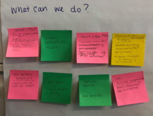 [Image: Eight different colored post-it notes with hand written notes answering the prompt “What can we do?”]