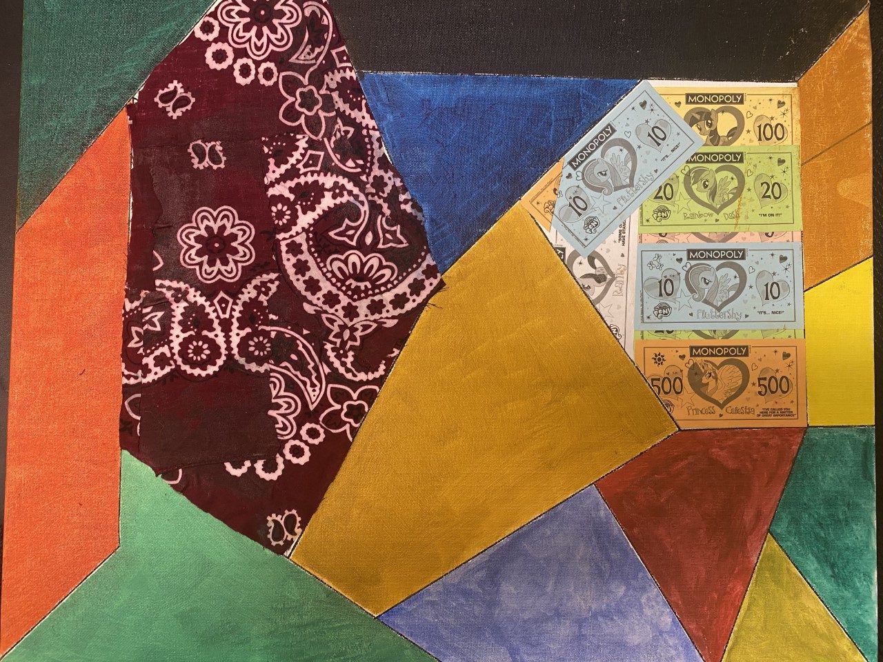 A multimedia artwork that combines colorful painted shapes, a red paisley bandanna, and pastel Monopoly money.