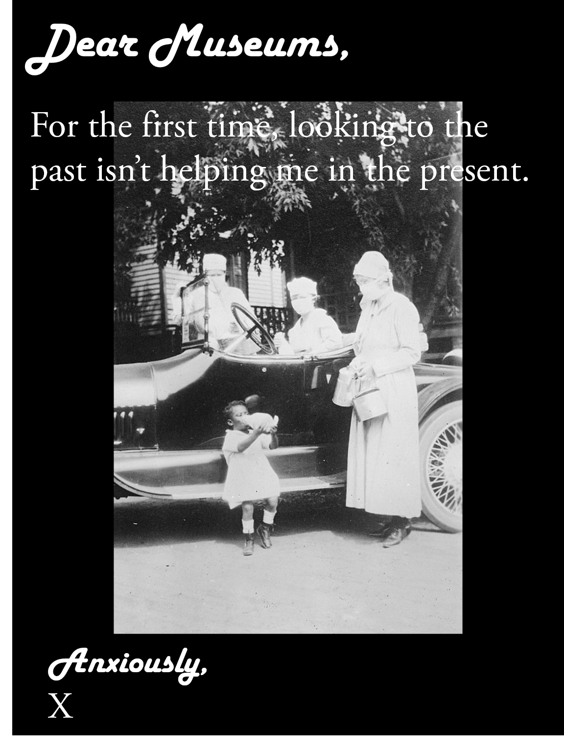  In this 1918 photograph of American Red Cross Canteen workers, adults wearing face masks are standing near or sitting in a car. An adult on the right side of the image is looking down at a child, who is sitting on the side of the car and drinking a beverage.