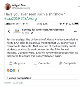 Screenshot of a tweet from the author regarding the SAA's response to Dr. Yesner being present at an annual meeting.