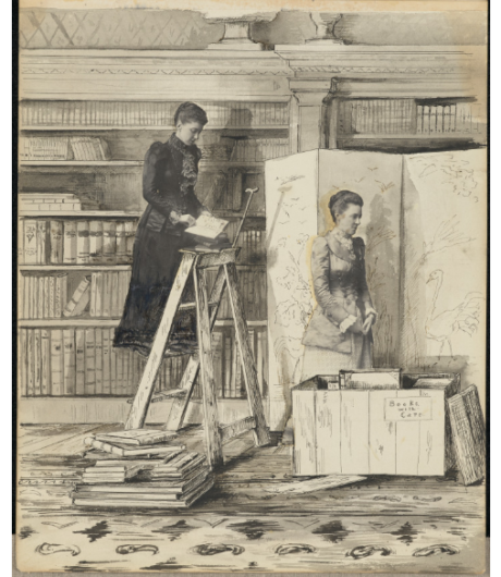 Two women in a bookshop or library. The one on the left is standing on a ladder, a book open on the highest step. The other woman is standing in front of a screen, next to an open crate of books that reads "books with care". The two women are made from cut out photographs.