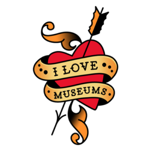 Drawing of a red heart with the words “I Love Museums” on an orange banner wrapped around the heart, and a black arrow going through the heart from top to bottom.