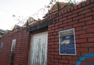 In this image, a red brick wall with several pieces of art is viewed from a low angle. There is a washed wooden door in the middle and barbed wire curled on the top of the wall.