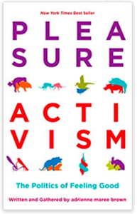 Image is the book cover of Pleasure Activism. The title appears in bold font. The cover is illustrated with several silhouettes of various animals mating.