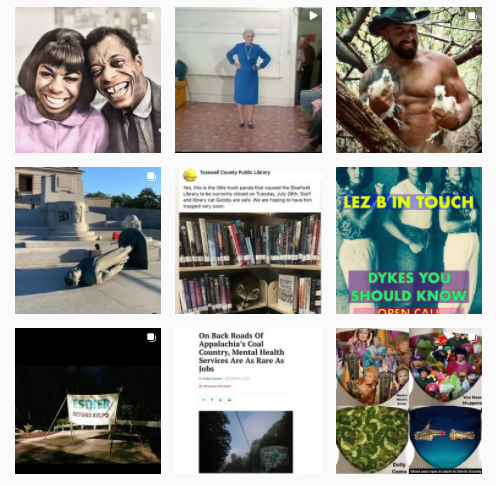 A screenshot of Queer Appalachia's instagram, featuring several photos including one of a black couple smiling, an older woman posing in a dress, a bookshelf, and a sign that reads "defund avlpd"