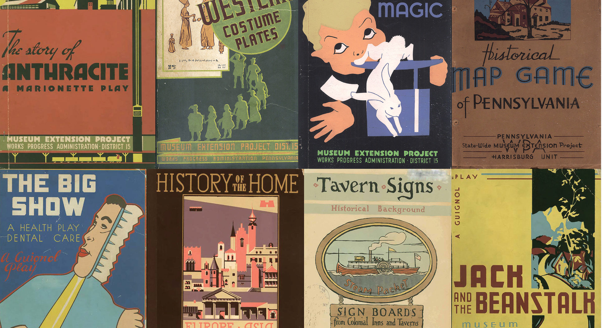 A collage of historic journal images from the Works Progress Administration Museum Extension Project, including titles “ western costume plates,” “a handbook of magic,” “history of the home,” and more.
